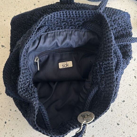The Sak Crochet Navy Blue Backpack Drawstring Shoulder Bag Handmade EUC main image 6